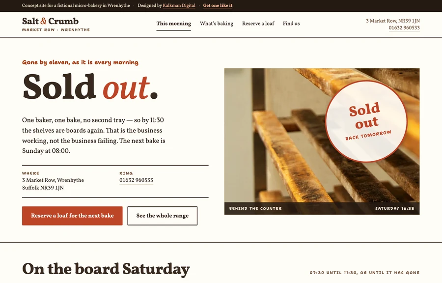 The home page of the Salt & Crumb site