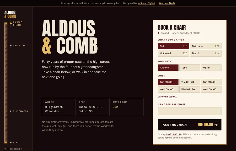 The home page of the Aldous & Comb site