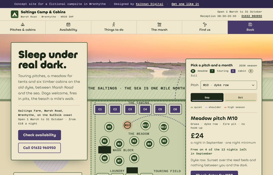 The home page of the Saltings Camp & Cabins site