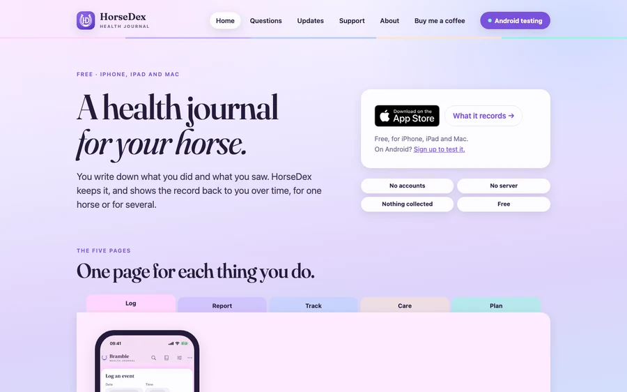 The home page of the HorseDex — product site site