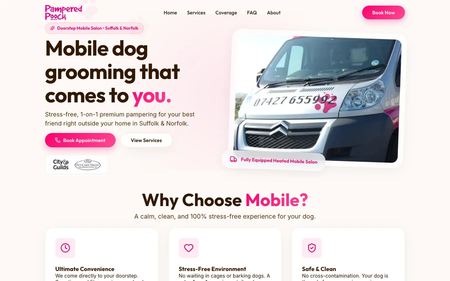 The home page of the Pampered Pooch Dog Grooming site